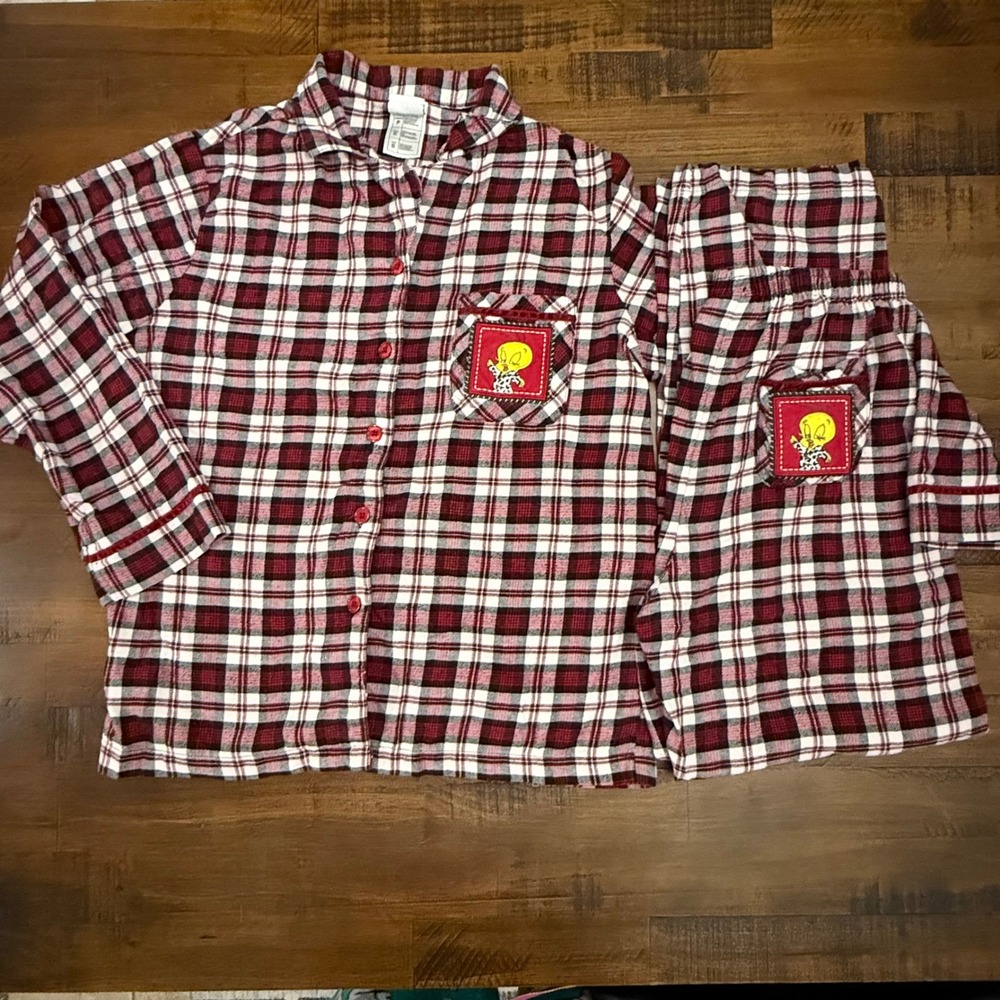 Vintage Warner Bros Tweety Bird Flannel Pajama Set Womens Small Plaid Sleepwear